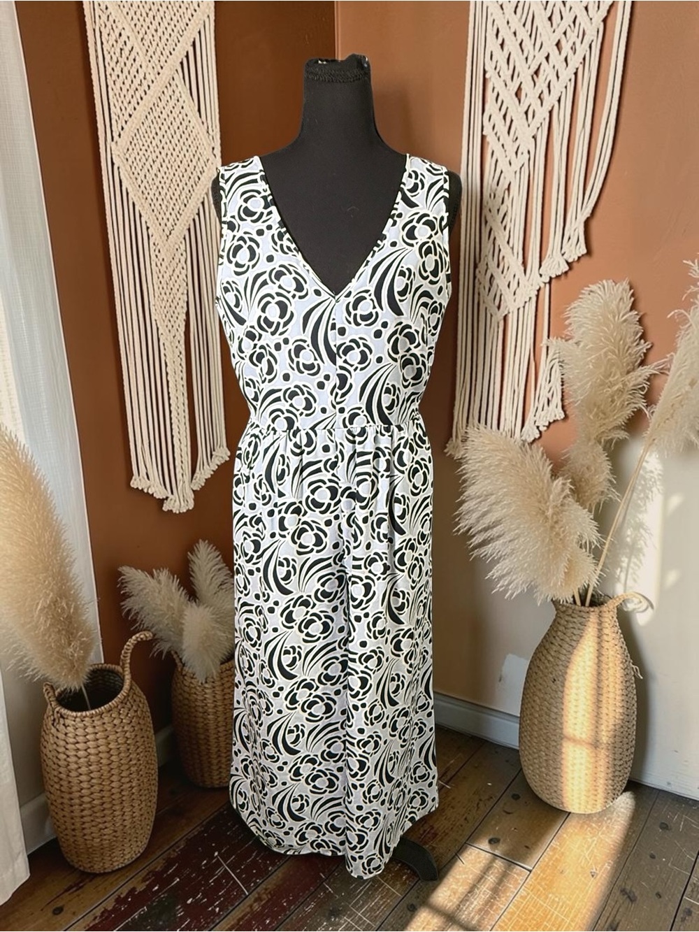 Ann Taylor baby blue with  Black & White Floral V-Neck Maxi Jumpsuit